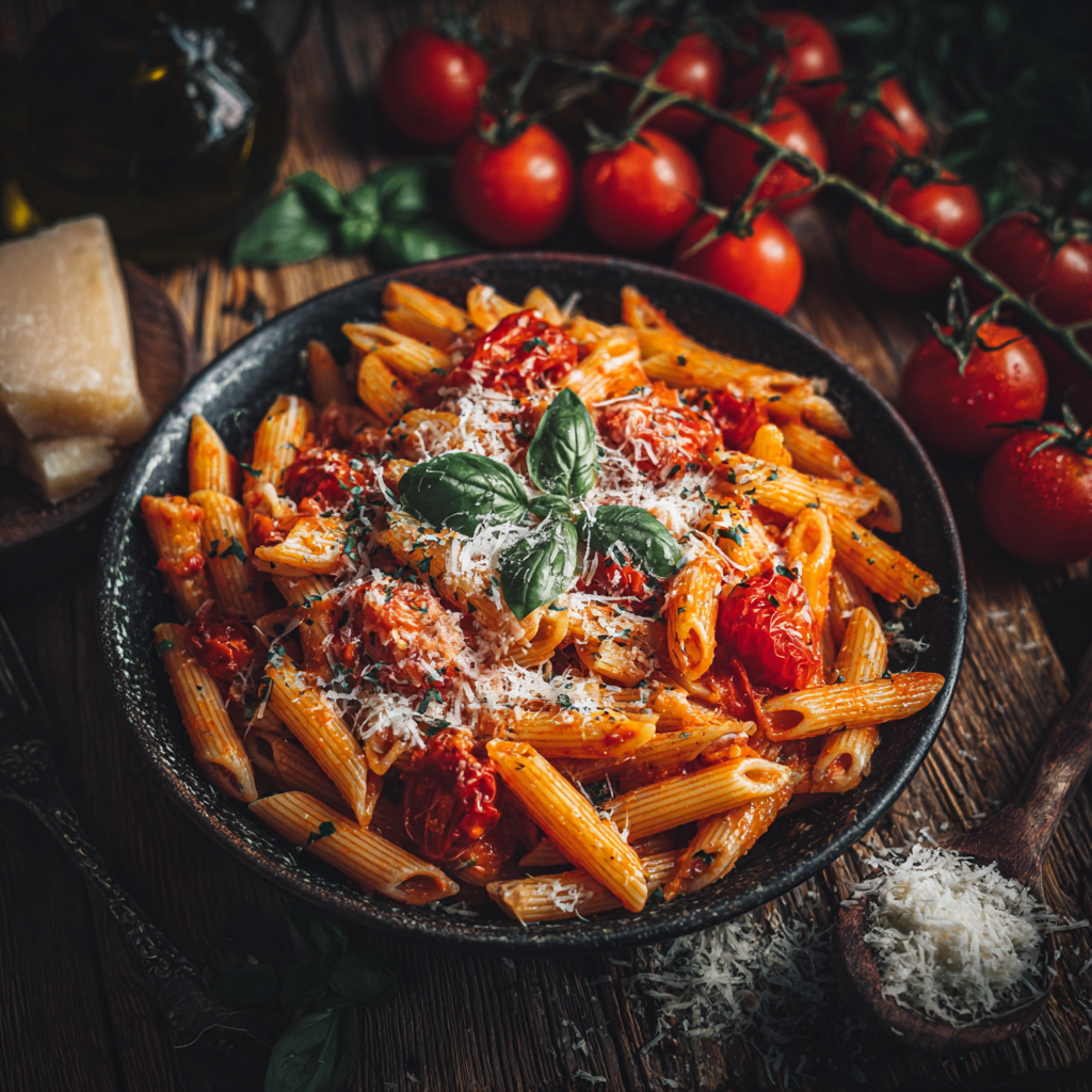 Hausgemachte Penne all'Arrabbiata mit Parmesan und Basilikum von Food Factory